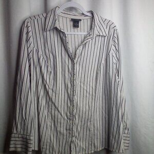 Lane Bryant Blouse 20 Women Button Up Long Sleeve Stripe White Silver Black